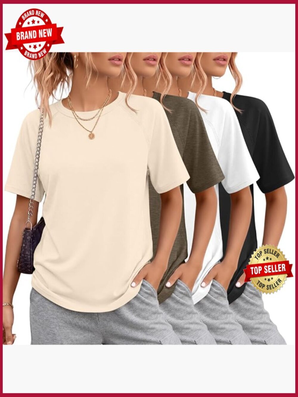 4 Pack Women's Short Sleeve T Shirts- Raglan Tunic Crewneck Side Split Hem
